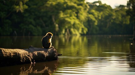  a monkey is sitting on a log in the middle of a body of water with trees in the back ground. - Powered by Adobe