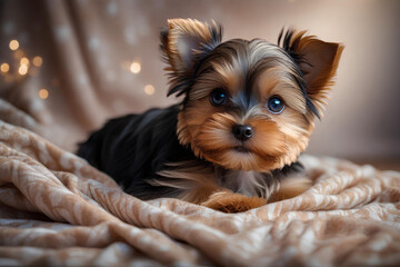 Portrait  of a cute yorkshire terrier with big eyes against a plaid background