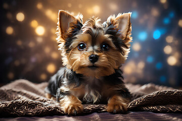 Portrait  of a cute yorkshire terrier with big eyes against a plaid background