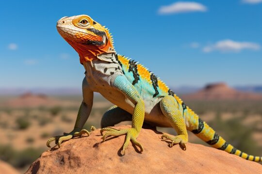 Collared lizard standing tall, displaying bright colors and assertive posture