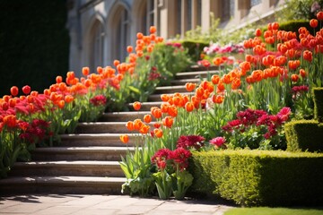 Fototapeta na wymiar Cascading multilevel beds of tulips in a formal garden estate