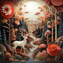 paper art, deer standing in the forest with beautiful landscapes and a valley view, white stag, Christmas atmosphere, generative ai
