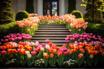 Fototapeta na wymiar Cascading multilevel beds of tulips in a formal garden estate
