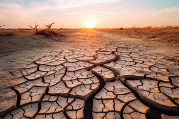 Cracked mud in a dried-up riverbed, emphasizing the drought effect - obrazy, fototapety, plakaty