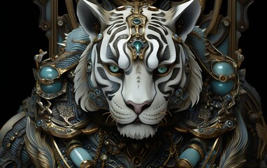 Obraz premium Image of a tiger modified into a electronics robot on a modern background. Wildlife futuristic tiger knight, mechanical robot warrior, electronic animal, cyborg, nature