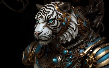 Image of a tiger modified into a electronics robot on a modern background. Wildlife futuristic tiger knight, mechanical robot warrior, electronic animal, cyborg, nature