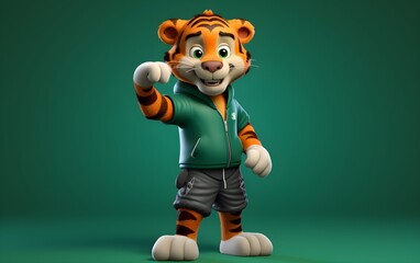Cute tiger cub illustration 3D children cartoon animation style, digital art, on a plain color...