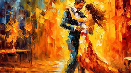 Passionate and romantic dance of a man and a woman. Oil painting. Wide relief brush strokes. A bright palette of fiery colors.