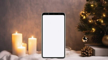 Mockup image of a smartphone with a white screen on a background of a Christmas tree and candles.
