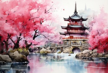 Tranquil Oriental Garden with Pagoda and Cherry Blossoms