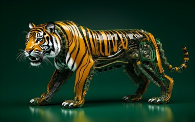 Image of a tiger modified into a electronics robot on a modern background. Wildlife futuristic tiger knight, mechanical robot warrior, electronic animal, cyborg, nature