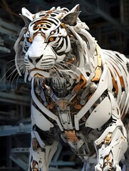 Image of a tiger modified into a electronics robot on a modern background. Wildlife futuristic tiger knight, mechanical robot warrior, electronic animal, cyborg, nature