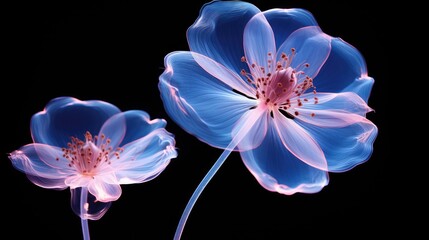  a couple of blue flowers sitting on top of a black table next to a blue vase with flowers in it.