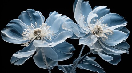  a couple of blue flowers sitting on top of a black table next to a white vase with flowers in it.