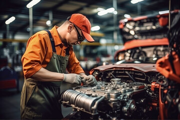 A male mechanic is repairing a car engine.