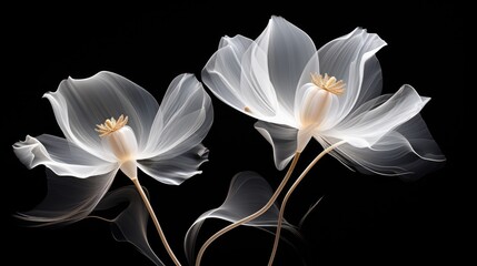  a couple of white flowers sitting next to each other on a black background with a reflection of the petals on the back of the flowers.