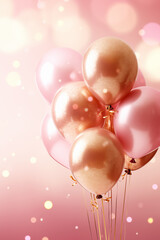Bunch of luxury pink and golden balloons on a pink background with golden bokeh