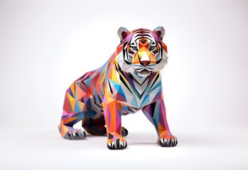 Paper cut forest tiger looking on jungle, tiger on a modern color background, papercut craft 3d illustration, geometric figure, origami, Asian culture