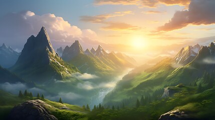 A serene mountain landscape at sunrise, with mist rolling over lush green valleys and a golden sun peeking through the peaks