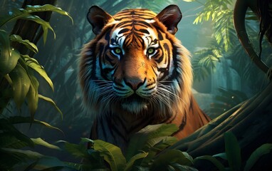 Cute tiger cub illustration 3D children cartoon animation style, digital art, on a plain color...