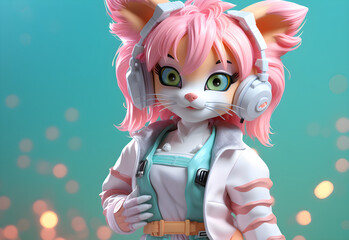 Cute girl illustration 3D children cartoon animation style, digital art, on a plain color background, pastel pink volors