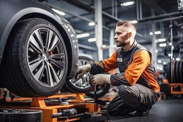 Fototapeta na wymiar A man mechanic changes summer tires to winter tires on a car.