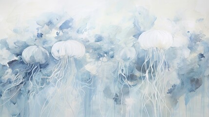  a painting of a group of jellyfish floating in the ocean with blue watercolors on a white background.