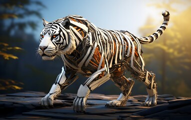 Image of a tiger modified into a electronics robot on a modern background. Wildlife futuristic tiger knight, mechanical robot warrior, electronic animal, cyborg, nature - Powered by Adobe