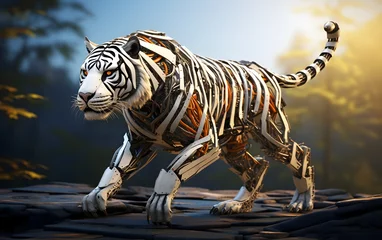 Deurstickers Image of a tiger modified into a electronics robot on a modern background. Wildlife futuristic tiger knight, mechanical robot warrior, electronic animal, cyborg, nature © Vladislava