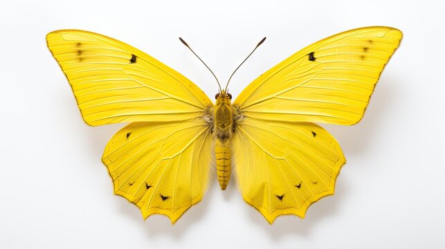  a close up of a yellow butterfly on a white background with only one wing missing from it's wings.