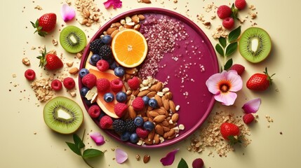 Fototapeta na wymiar a plate of fruit, nuts, berries, kiwis, oranges, and strawberries on a table.