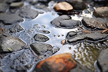 Close-up of a puddle's surface as a stone is skipped across