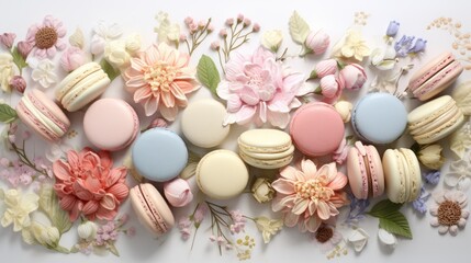Fototapeta na wymiar macaroons, macaroons, and flowers are arranged in the shape of a rectangle on a white surface.