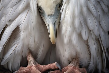 Close-up of a stork’s feet and feathers, highlighting its unique adaptations - obrazy, fototapety, plakaty