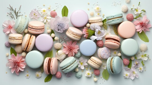  a bunch of macaroons that are sitting on a table with flowers and leaves on top of the macaroons.