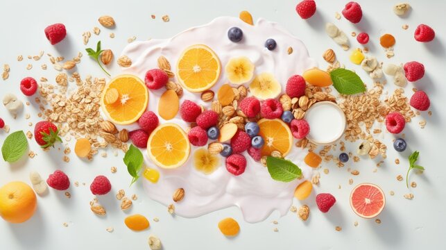  fruit, nuts, yogurt, and granola are arranged on top of each other on a white surface. © Olga