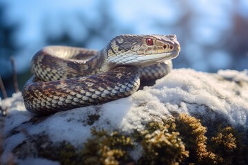 Obraz premium Close-up of a slithering snake on a frost-covered rock
