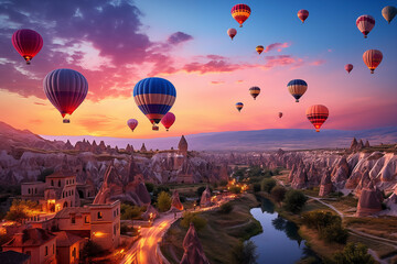 vibrant hot-air balloons hovering in the sky on sunrise, Cappadocia, Turkey - 677350302