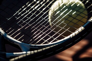 Close-up of a tennis racket's strings, with the sunlight creating shadows