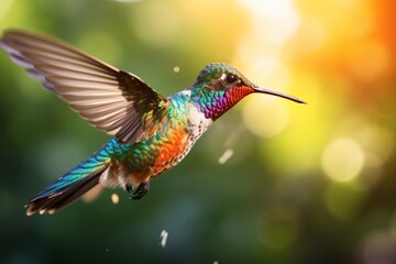 Fototapeta premium Close-up of a vibrant hummingbird mid-flight, wings blurred