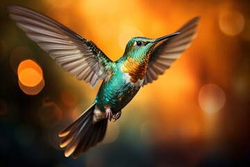 Obraz premium Close-up of a vibrant hummingbird mid-flight, wings blurred