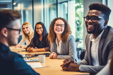 A diverse group of senior managers meeting in the CEO's office.