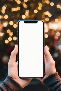 Mockup image of woman's hands holding smartphone with isolated screen over blurred christmas tree background.