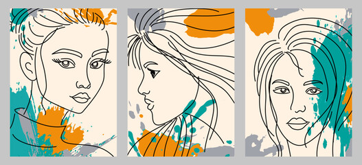 A set of creative abstract female portraits. For postcards, tee print, wallart, poster, cover, packaging, web, social media story design, cosmetics, beauty salon. Vector icon of people.