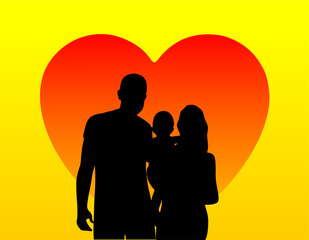 Happy family portrait silhouette vector. Happy family silhouette: mother, father, son together.
Yellow solar degrade background and a red heart.