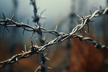 Close-up of barbed wire against a blurred background, emphasizing the menacing, sharp texture - obrazy, fototapety, plakaty
