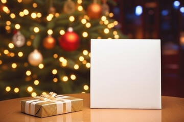 Obraz na płótnie Canvas Blank white gift box on wooden table in front of christmas tree.
