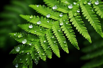 Obraz premium Close-up of dew drops on vibrant fern leaves
