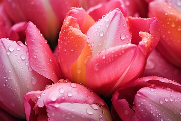Close-up of dewdrops on vibrant tulip petals at dawn