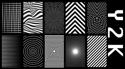 Abstract rave psychedelic set in a trendy 2000s style. Black and white retro futuristic shapes, wireframe and perspective grids on black background, eps 10